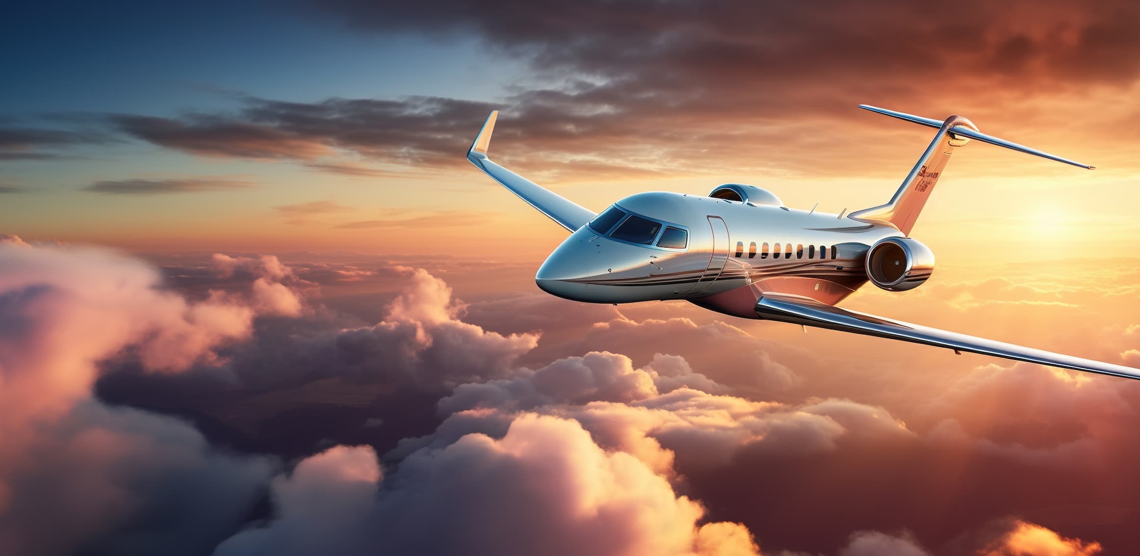 Private jet flying above sunset clouds